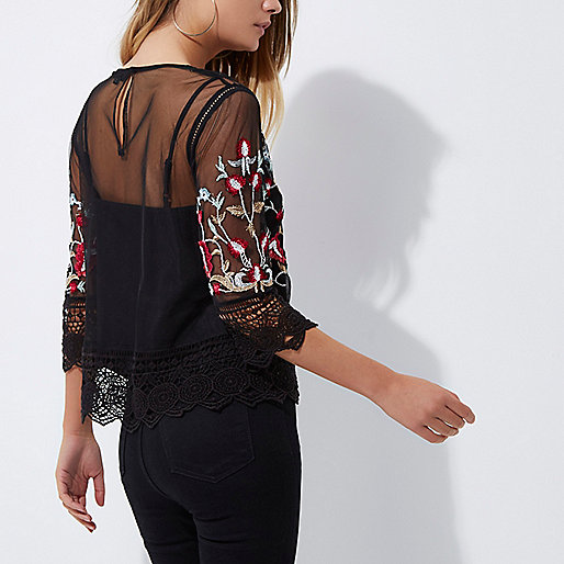 petite denim jacket river island,jacques-vertuk In Uk Black mesh floral embroidered lace trim top Blouses Tops women