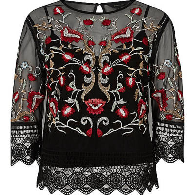 petite denim jacket river island,jacques-vertuk In Uk Black mesh floral embroidered lace trim top Blouses Tops women