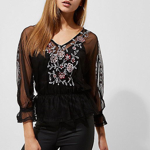 river island sparkly sandals,jacques-vertuk Sverige Online Black mesh floral embroidered top Blouses Tops women