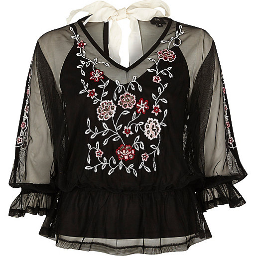 jacques-vertuk Black mesh floral embroidered top 707441 women Tops Blouses