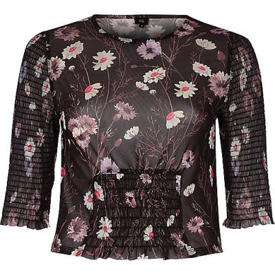 jacques-vertuk Black mesh floral print shirred crop top 702650 women RI Limited Edition