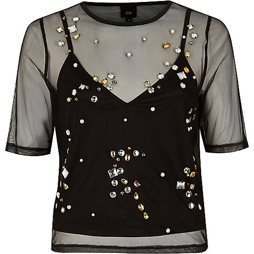 jacques-vertuk Black mesh gem embellished T-shirt 705974 women Tops T-Shirts & Vests Plain T-Shirts / Vests