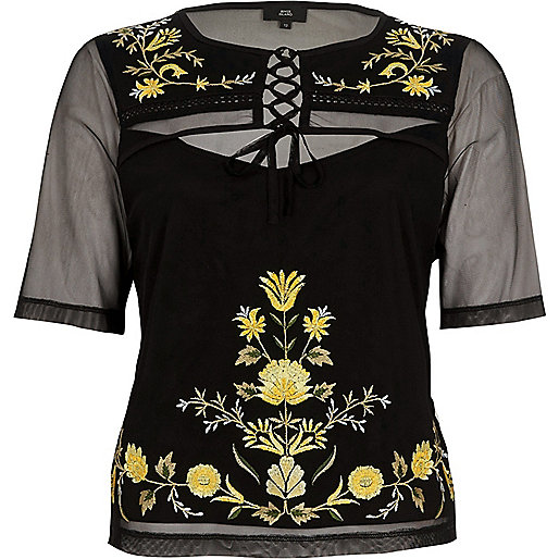 jacques-vertuk Black mesh lace-up embroidered T-shirt 703714 women Tops Blouses