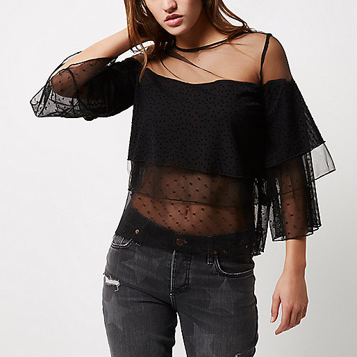 river island ecru jeans,jacques-vertuk Online Black mesh layered frill top women 696010