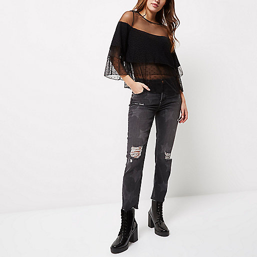 river island ecru jeans,jacques-vertuk Online Black mesh layered frill top women 696010