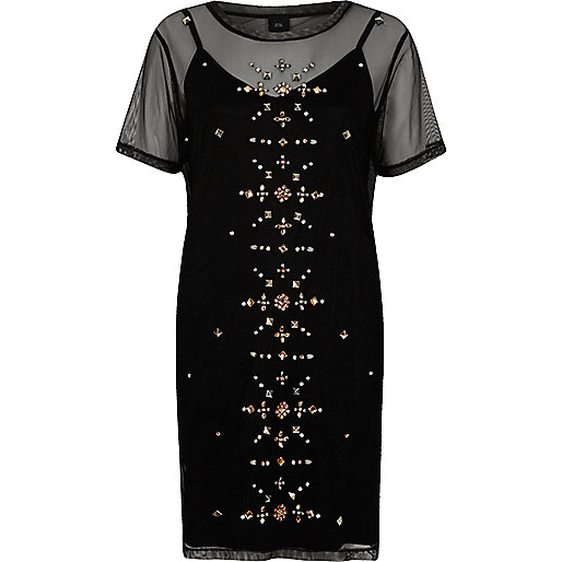 jacques-vertuk Black mesh studded T-shirt dress 706322 women Dresses T-Shirt Dresses