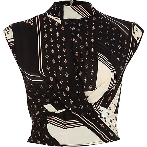 river island party tops,jacques-vertuk Online Black mixed print twist front crop top women 708352