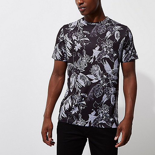 river island gyle,jacques-vertuk Online Website Black mono palm print slim fit T-shirt T-shirts T-Shirts / Tanks men