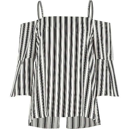 jacques-vertuk Black mono stripe bardot zip back top 708522 women Tops Bardot / Cold Shoulder Tops