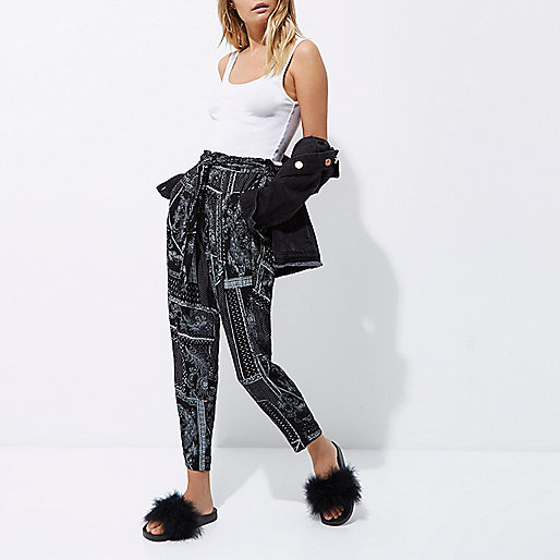 river island teddy bag,jacques-vertuk Uk Sale Black monochrome scarf print tapered pants Tapered Pants Pants women