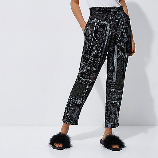 river island teddy bag,jacques-vertuk Uk Sale Black monochrome scarf print tapered pants Tapered Pants Pants women