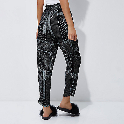 river island teddy bag,jacques-vertuk Uk Sale Black monochrome scarf print tapered pants Tapered Pants Pants women