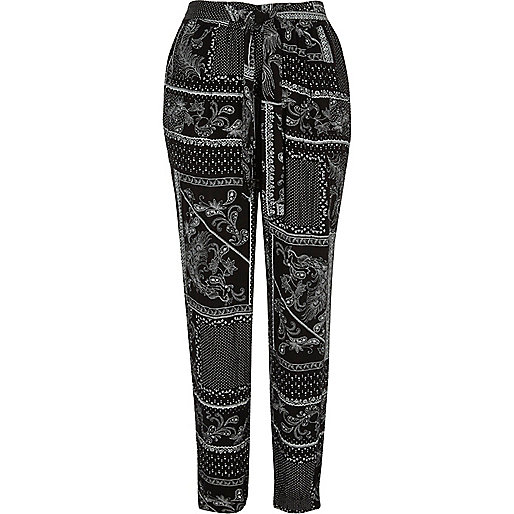 river island teddy bag,jacques-vertuk Uk Sale Black monochrome scarf print tapered pants Tapered Pants Pants women