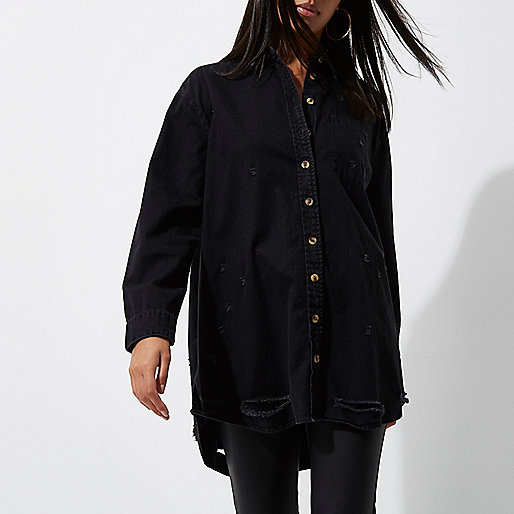 river island graduation dresses,Shop jacques-vertuk Online Black oversized ripped hem denim shirt Shirts Tops women