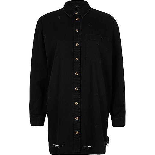 jacques-vertuk Black oversized ripped hem denim shirt 704911 women Tops Shirts