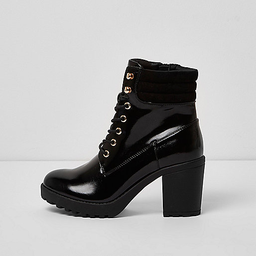 jacques-vertuk Black patent lace up chunky heeled boots 706457 women Shoes / Boots Boots