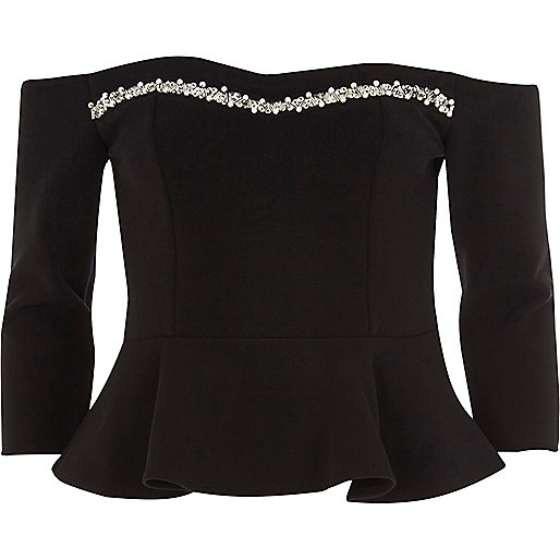 camera bag river island,jacques-vertuk Catalogue Black pearl trim bardot top Bardot / Cold Shoulder Tops Tops women