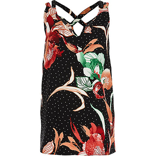 brown dress river island,jacques-vertuk Kids Store Black polka dot floral print cross back tank Cami / Sleeveless Tops Tops women