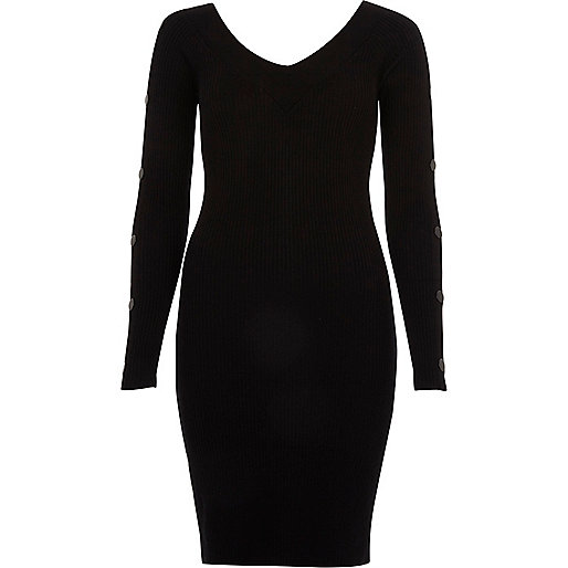 jacques-vertuk Black rib knit hardware sleeve bodycon dress 704903 women Dresses Bodycon Dresses