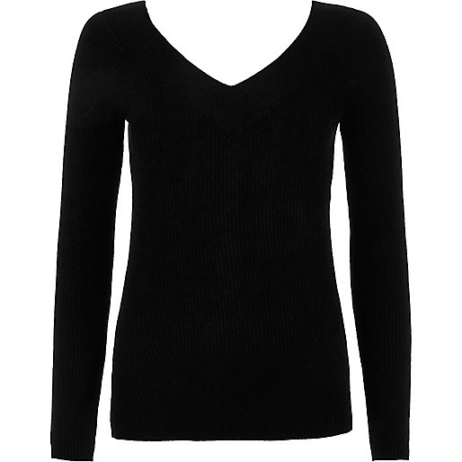 jacques-vertuk Black rib knit V neck top 704892 women Knitwear Knitted Tops