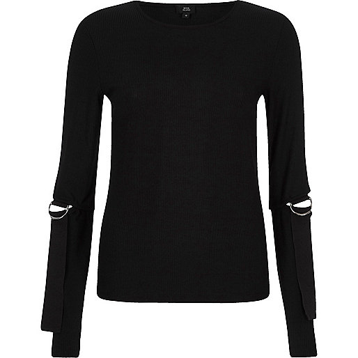 jacques-vertuk Black ribbed D-ring split long sleeve top 705662 women Tops Blouses