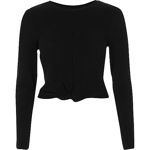 jacques-vertuk Black ribbed twist front long sleeve crop top 709418 women Tops Crop Tops / Bralets