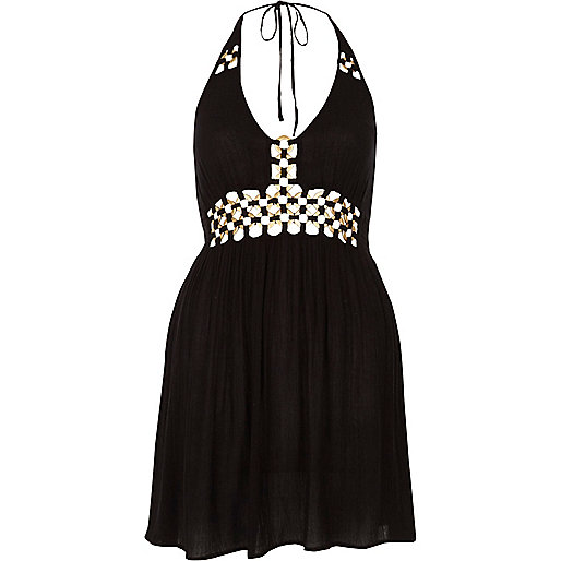 black satin dress river island,jacques-vertuk Ireland Black ring front halter mini beach dress women 704804