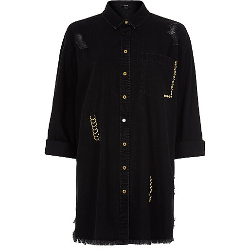 jacques-vertuk Black ripped ring oversized denim shirt 703003 women Tops Shirts