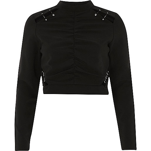 jacques-vertuk Black ruched cut out high neck crop top 699132 women Tops