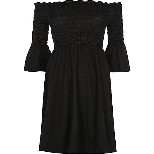 jacques-vertuk Black ruched flute sleeve bardot dress 697754 women Dresses