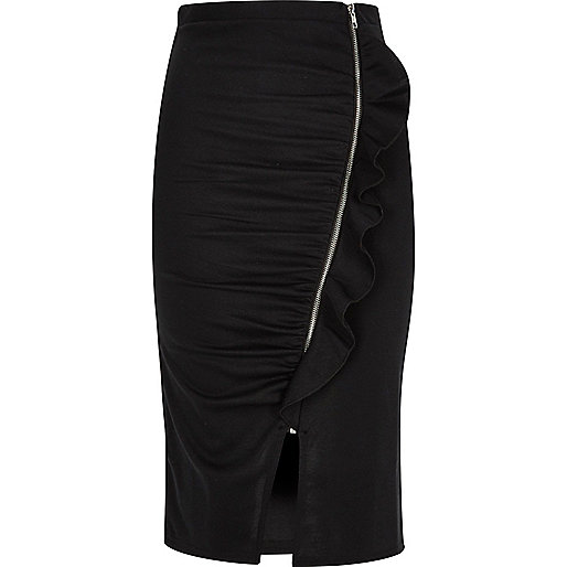 jacques-vertuk Black ruched ruffle zip side pencil skirt 702689 women Skirts Midi Skirts