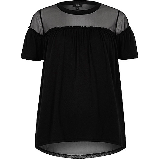 jacques-vertuk Black ruffle front mesh insert T-shirt 706773 women Tops T-Shirts & Vests Plain T-Shirts / Vests