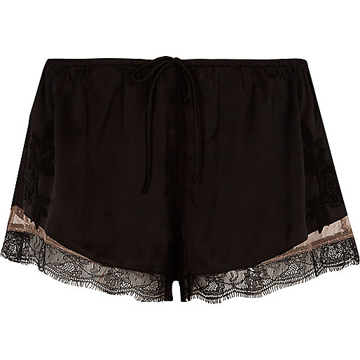 jacques-vertuk Black satin floral lace hem pajama shorts 699482 women Nightwear & Slippers Pyjamas & Loungewear