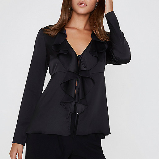 river island fur collar coat,jacques-vertuk Online Store South Africa Black satin frill tie-up long sleeve blouse Blouses Tops women