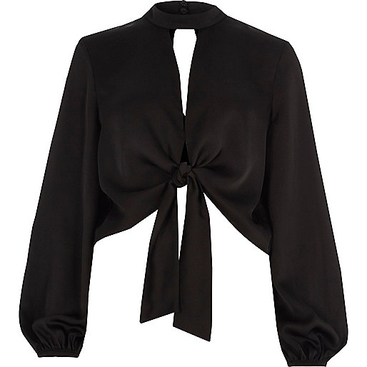 jacques-vertuk Black satin tie front long sleeve crop top 706658 women Tops Crop Tops / Bralets