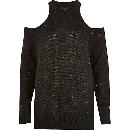 clear heels river island,jacques-vertuk Ladies Jeans Uk Black sequin cold shoulder sweater Knitwear Sale women