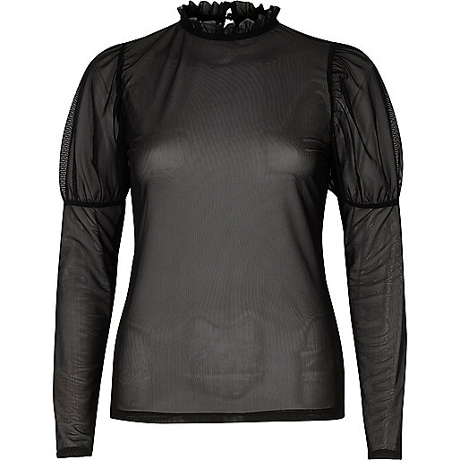 jacques-vertuk Black sheer mesh puff sleeve top 702940 women Workwear