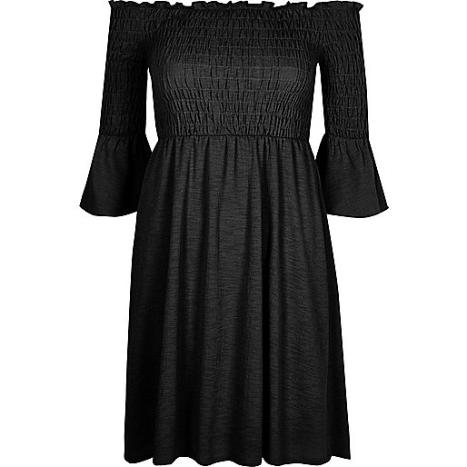 jacques-vertuk Black shirred bardot dress 702653 women RI Limited Edition