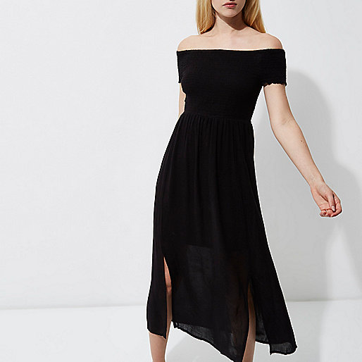 river island gold ankle boots,Outfit jacques-vertuk Black shirred bardot maxi dress Maxi Dresses Dresses women