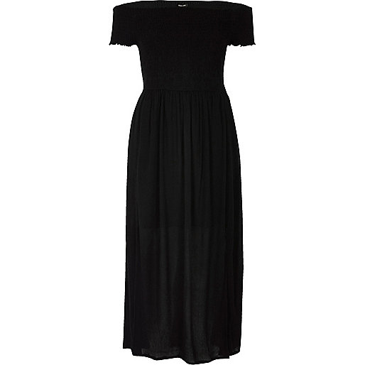 jacques-vertuk Black shirred bardot maxi dress 701491 women Dresses Maxi Dresses