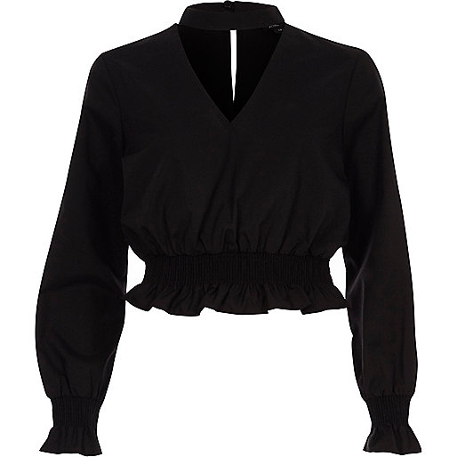 jacques-vertuk Black shirred frill waist choker top 707063 women Tops Blouses