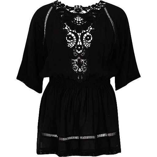 jacques-vertuk Black short sleeve embroidered top 704566 women Tops Blouses