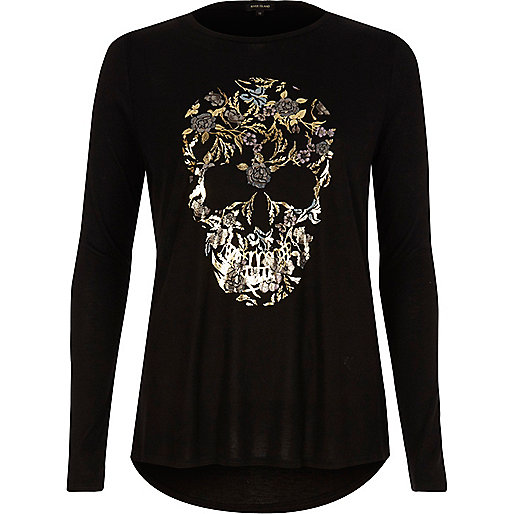 jacques-vertuk Black skull foil print long sleeve T-shirt 710779 women Tops T-Shirts & Vests Print T-Shirts / Vests