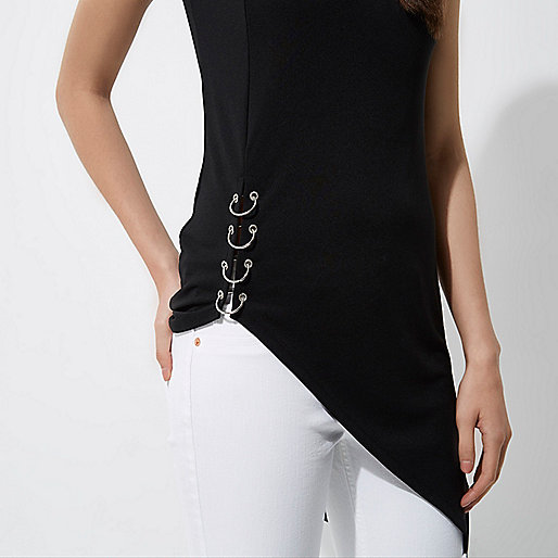 black patent bag river island,jacques-vertuk London Black sleeveless asymmetric hem ring top women 703713