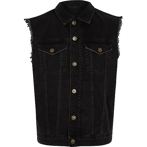 jacques-vertuk Black sleeveless frayed denim jacket 301848 men Coats / Jackets