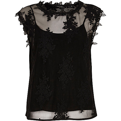 jacques-vertuk Black sleeveless lace and mesh top 703204 women Tops Cami / Sleeveless Tops