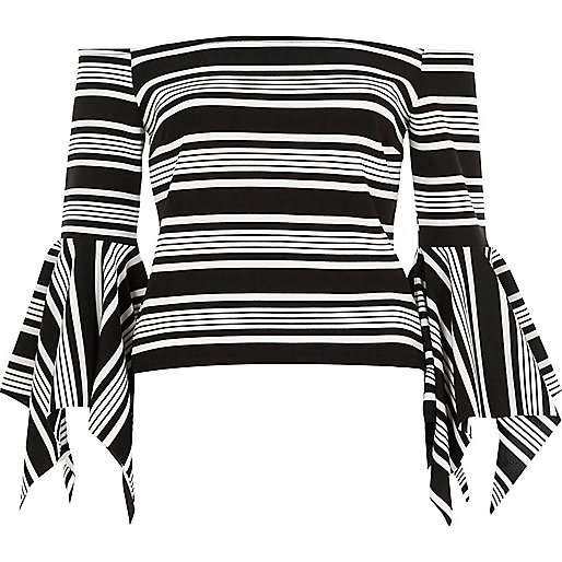 river island going out outfits,jacques-vertuk Ladies Dresses Black stripe frill sleeve bardot top Bardot / Cold Shoulder Tops Tops women