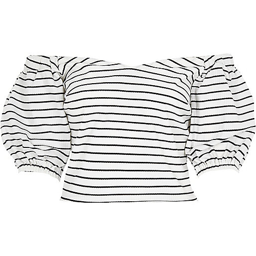 jacques-vertuk Black stripe puff sleeve bardot top 705670 women Tops Bardot / Cold Shoulder Tops