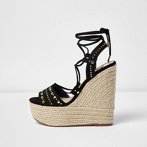 jacques-vertuk Black studded espadrille platform wedges 703607 women Holiday Shop