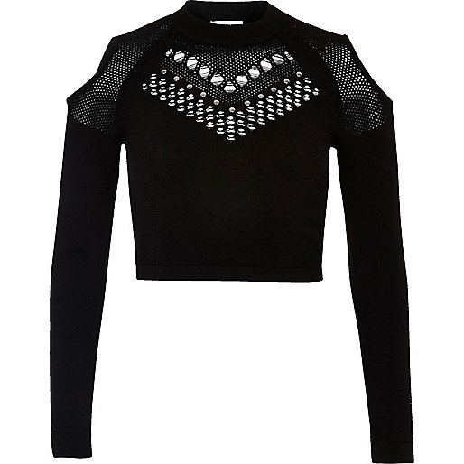 jacques-vertuk Black studded mesh knit crop top 686083 women Knitwear